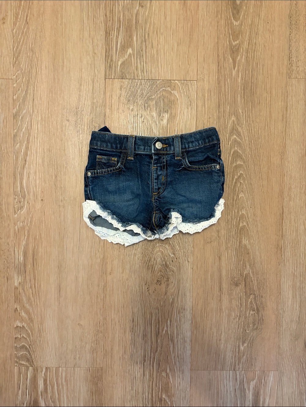Girls' Dark Blue Denim Shorts with White Lace Trim